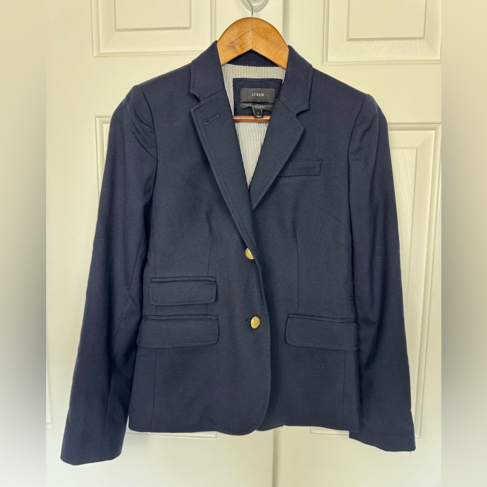 J Crew Navy Schoolboy Blazer‎ Wool Spandex Gold Buttons Stretch Size 2